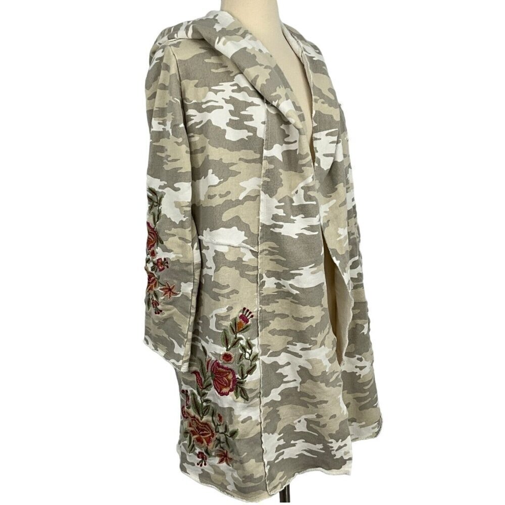 Athleta Caite Size XS Hooded Duster Beige Gray Camo Floral Embroidery Open Front - Picture 8 of 11
